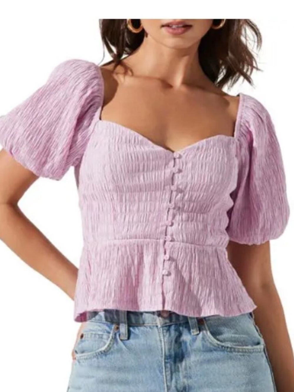 ASTR The Label - Lilac Puff-Sleeve Peplum Blouse - Medium NWOT